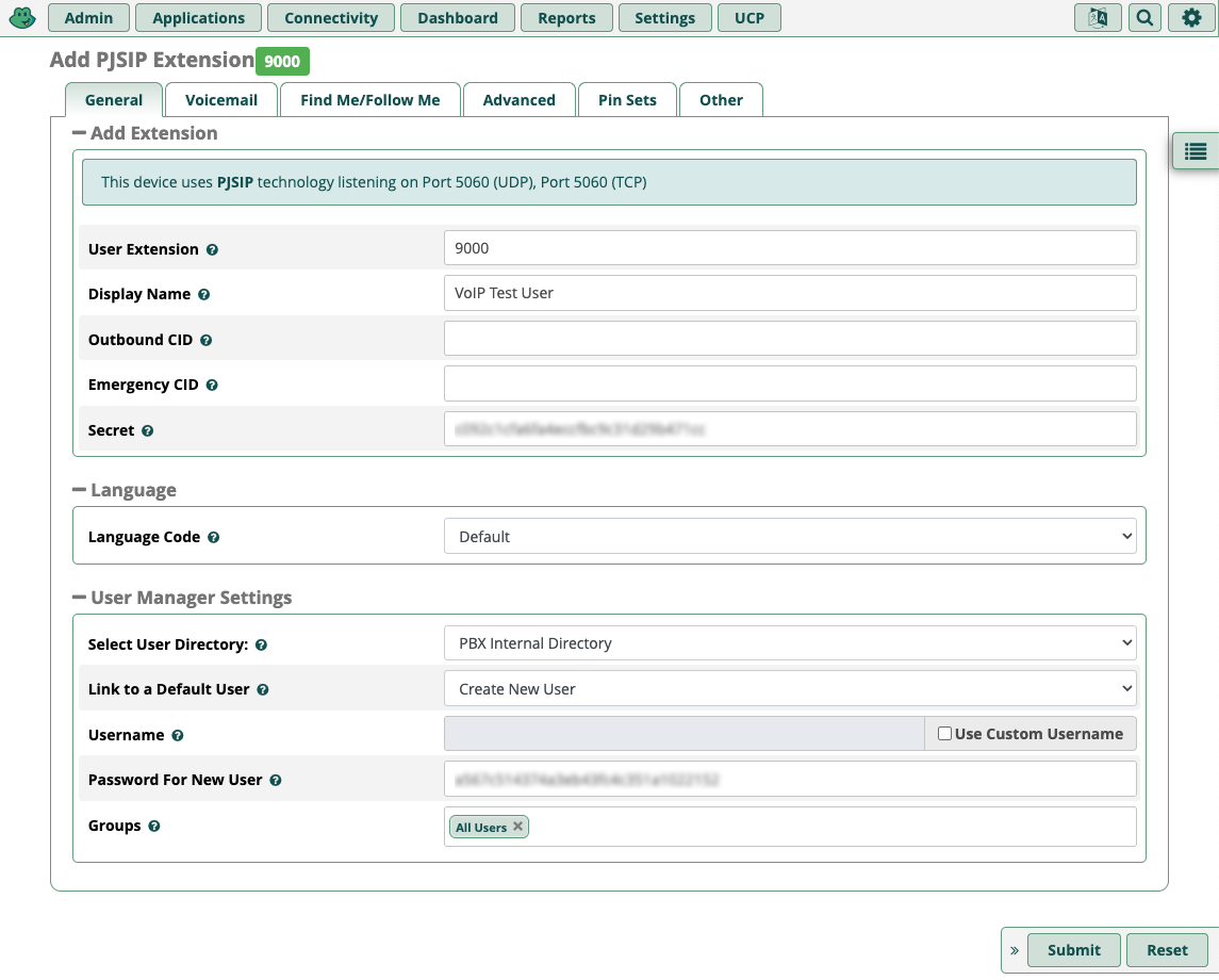 FreePBX Extension Configuration Form
